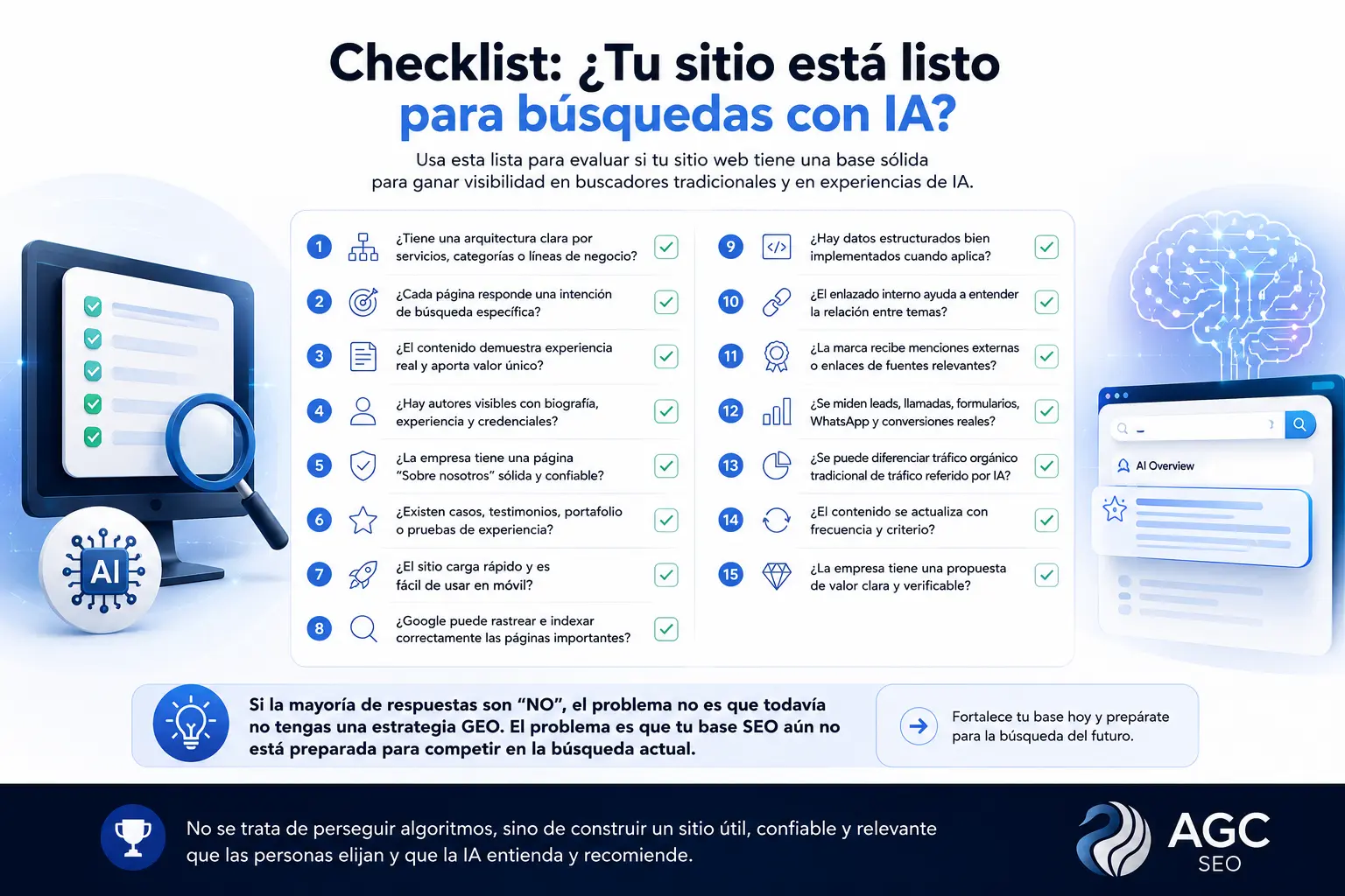 Checklist para evaluar si un sitio web está preparado para SEO, GEO y búsquedas con inteligencia artificial en 2026.