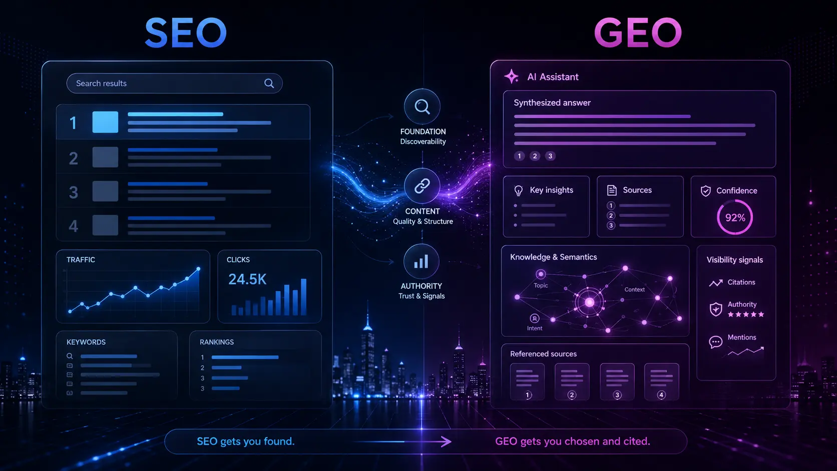 Comparación visual entre SEO tradicional y GEO para entender la visibilidad en buscadores y respuestas generativas con IA.